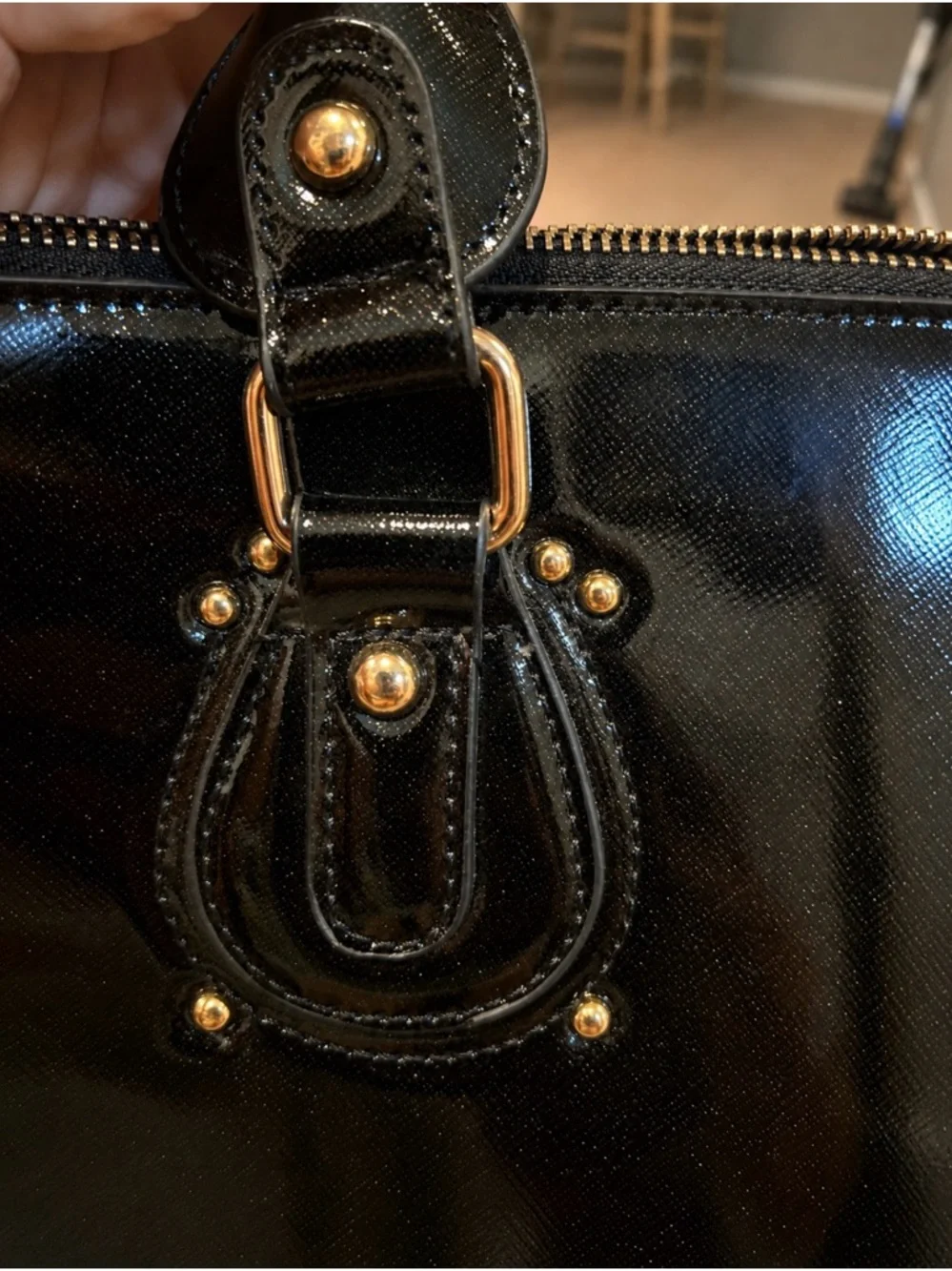 Michael Kors Black Patent Satchel with Gold Lock and Logo Medallion